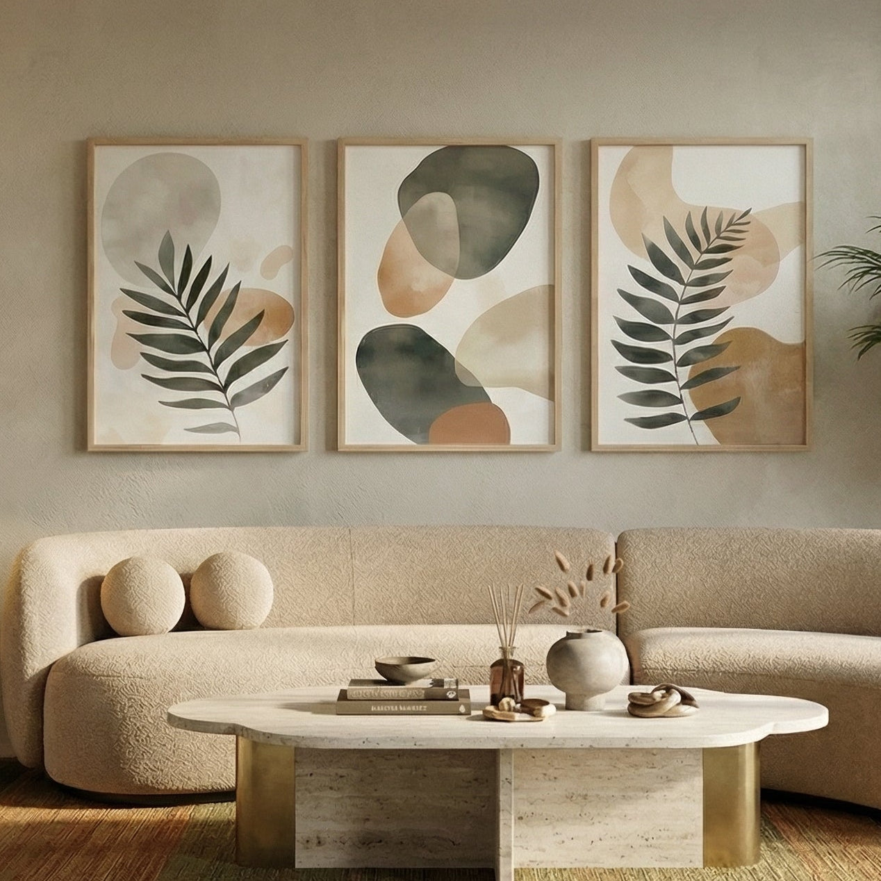 Modern living room with a beige sofa, round coffee table, and abstract wall art.