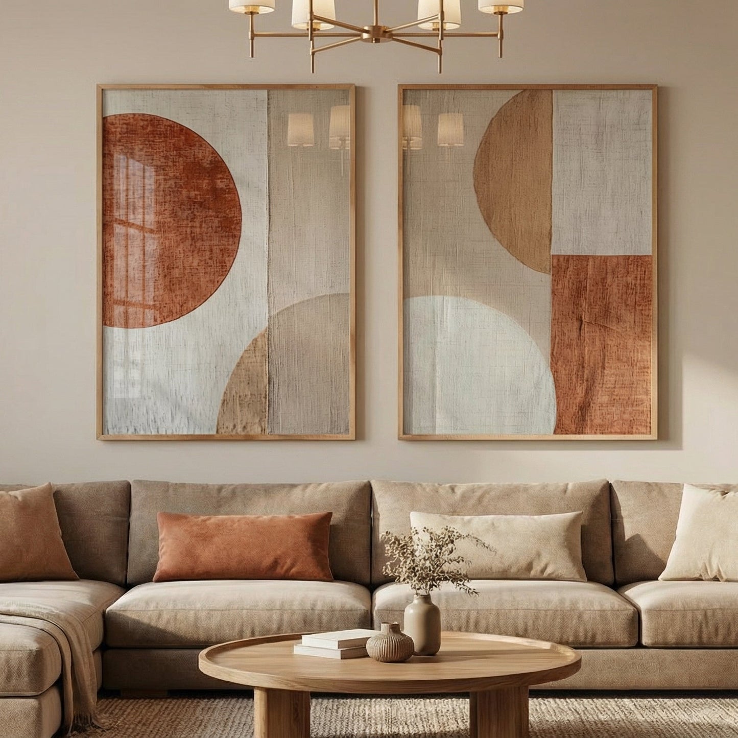 Living room with a beige sectional sofa, round coffee table, and abstract wall art.