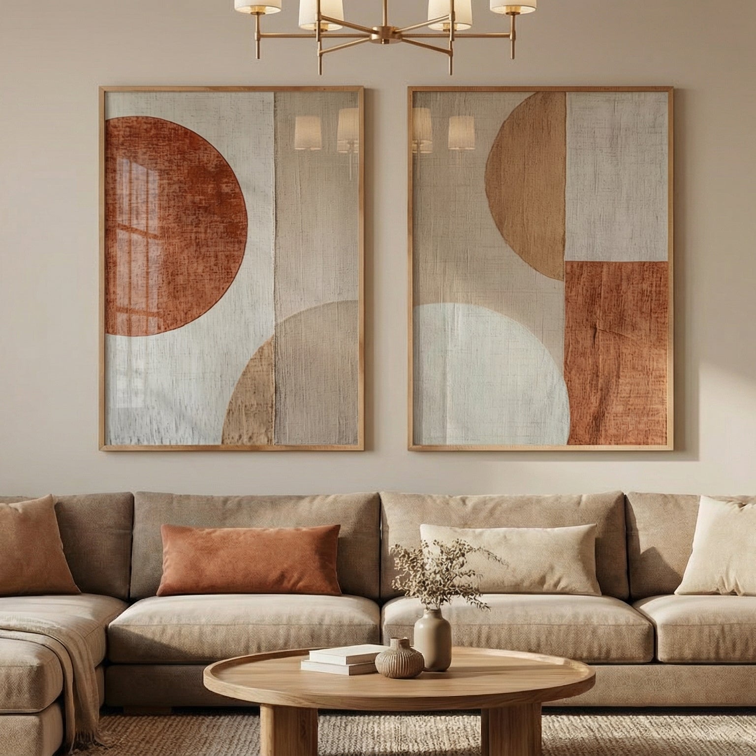 Living room with a beige sectional sofa, round coffee table, and abstract wall art.
