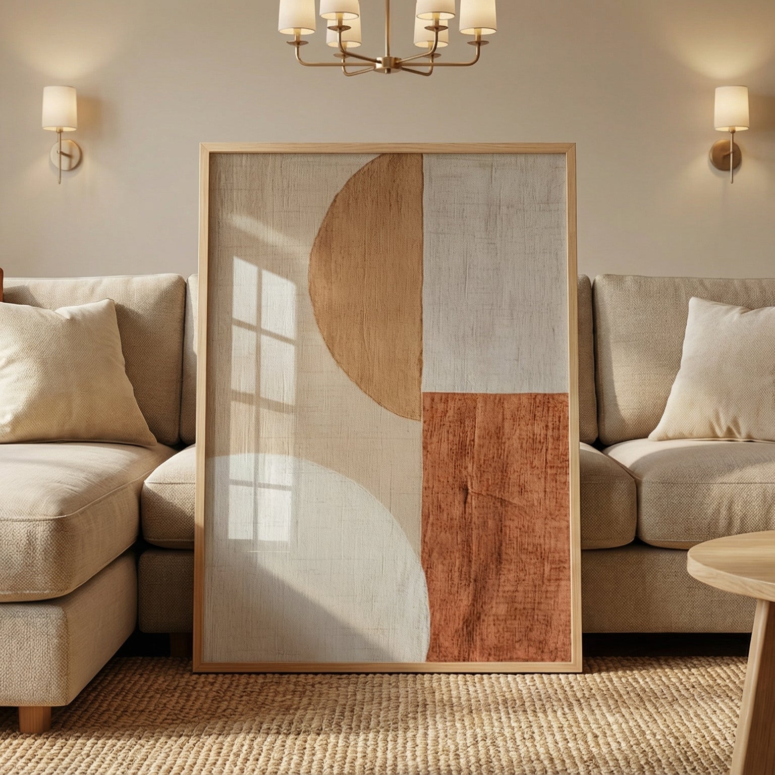 Living room with beige sofa, abstract art, and a coffee table.