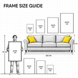 Frame size guide: 30×40, 40×60, 50×70 and 60×90 cm next to a 175 cm person and a 220 cm sofa