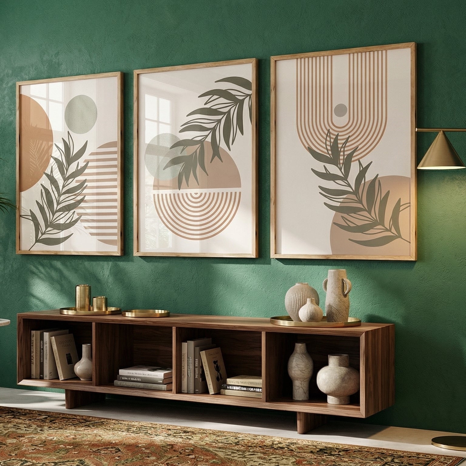 Living room with a beige sofa, wooden shelf, and decorative wall art.