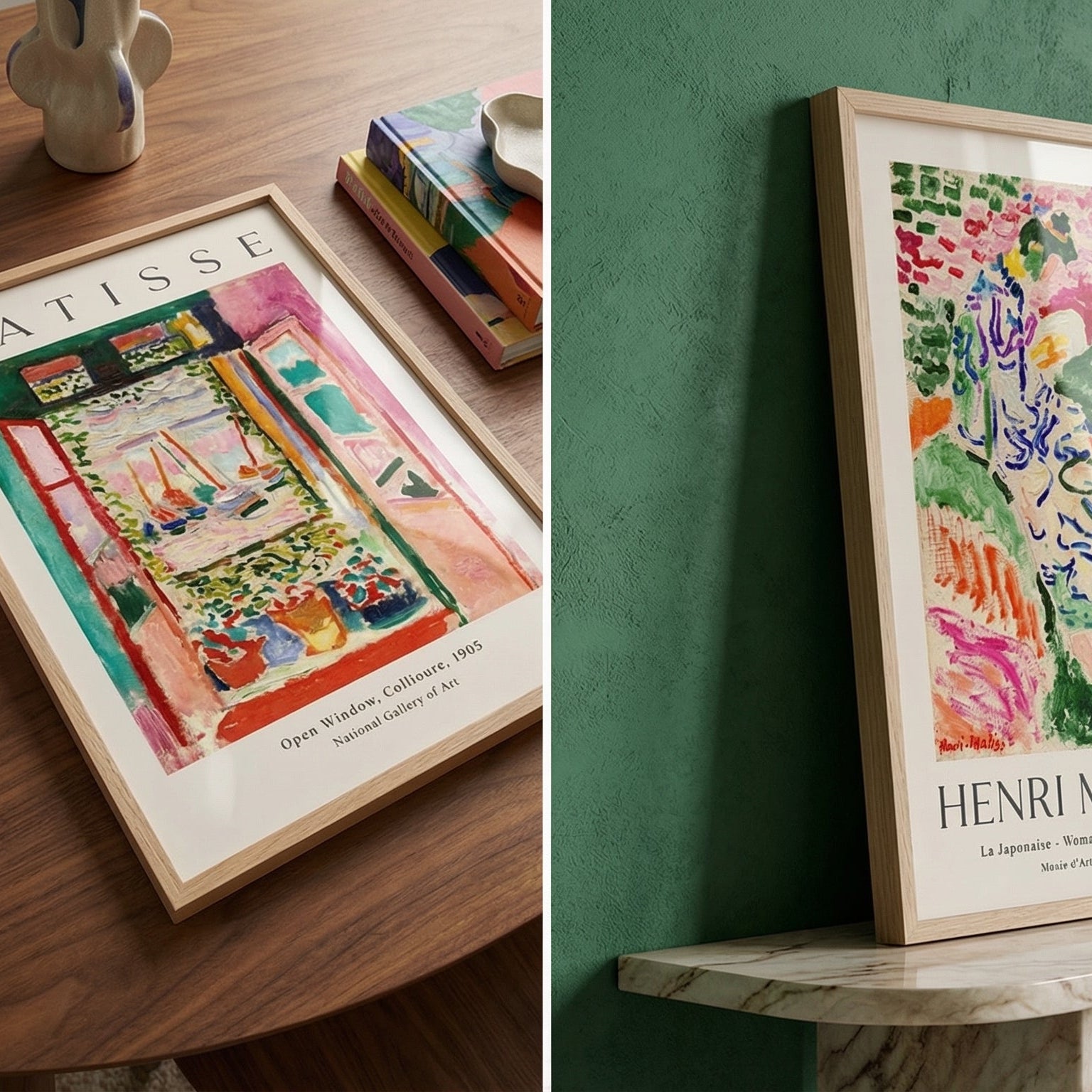 Framed Henri Matisse art prints displayed on a table and wall.