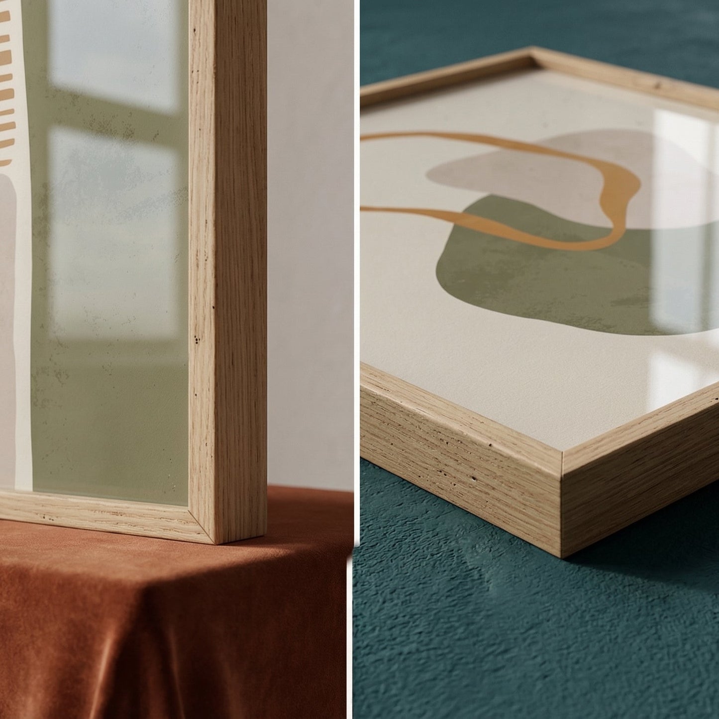 Three framed abstract artworks with wooden frames on different surfaces.