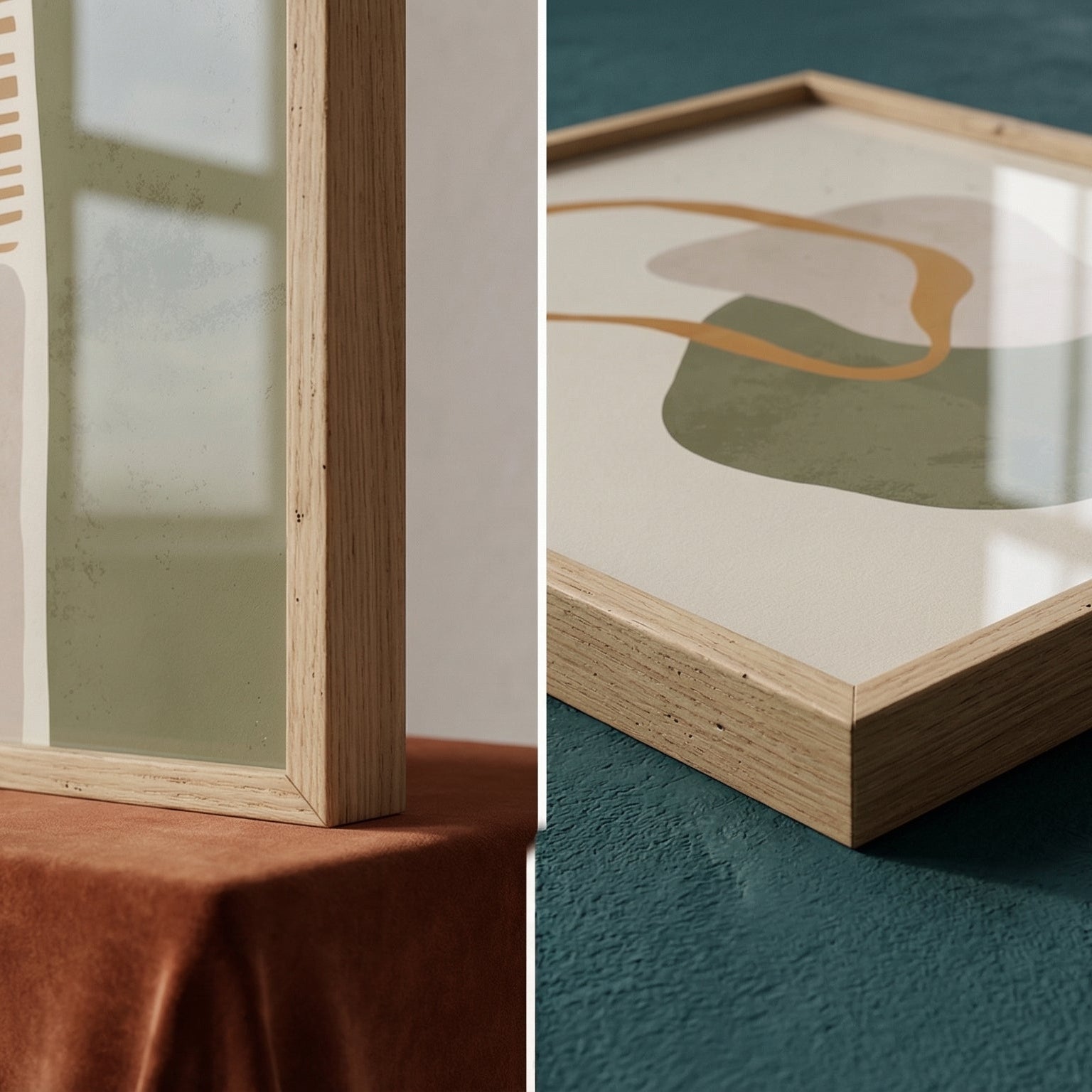Three framed abstract artworks with wooden frames on different surfaces.
