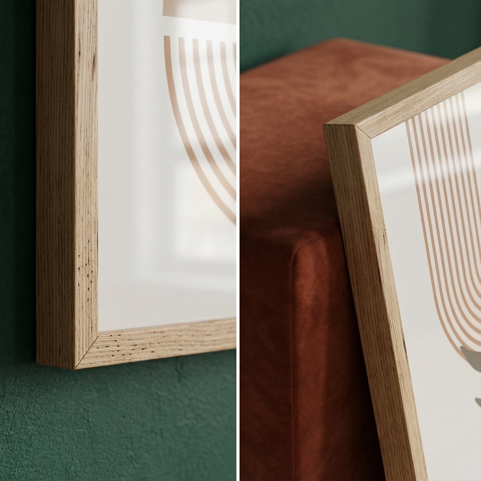 Framed abstract art with natural elements on a wooden surface and against a green wall.