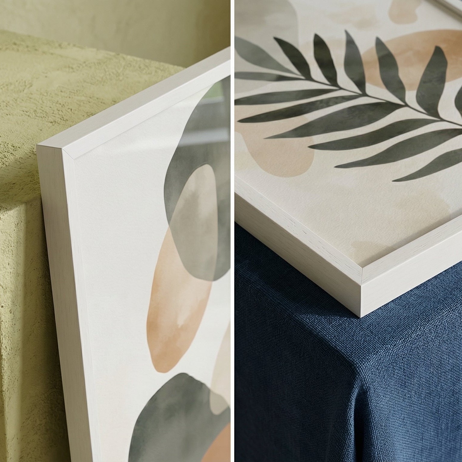 Three framed abstract art pieces with leaf and geometric designs on a neutral background.