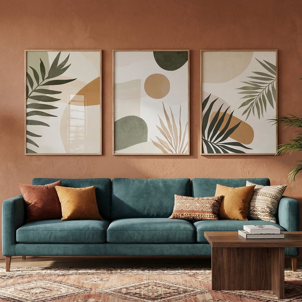 Modern living room with a teal sofa, decorative pillows, and wall art.