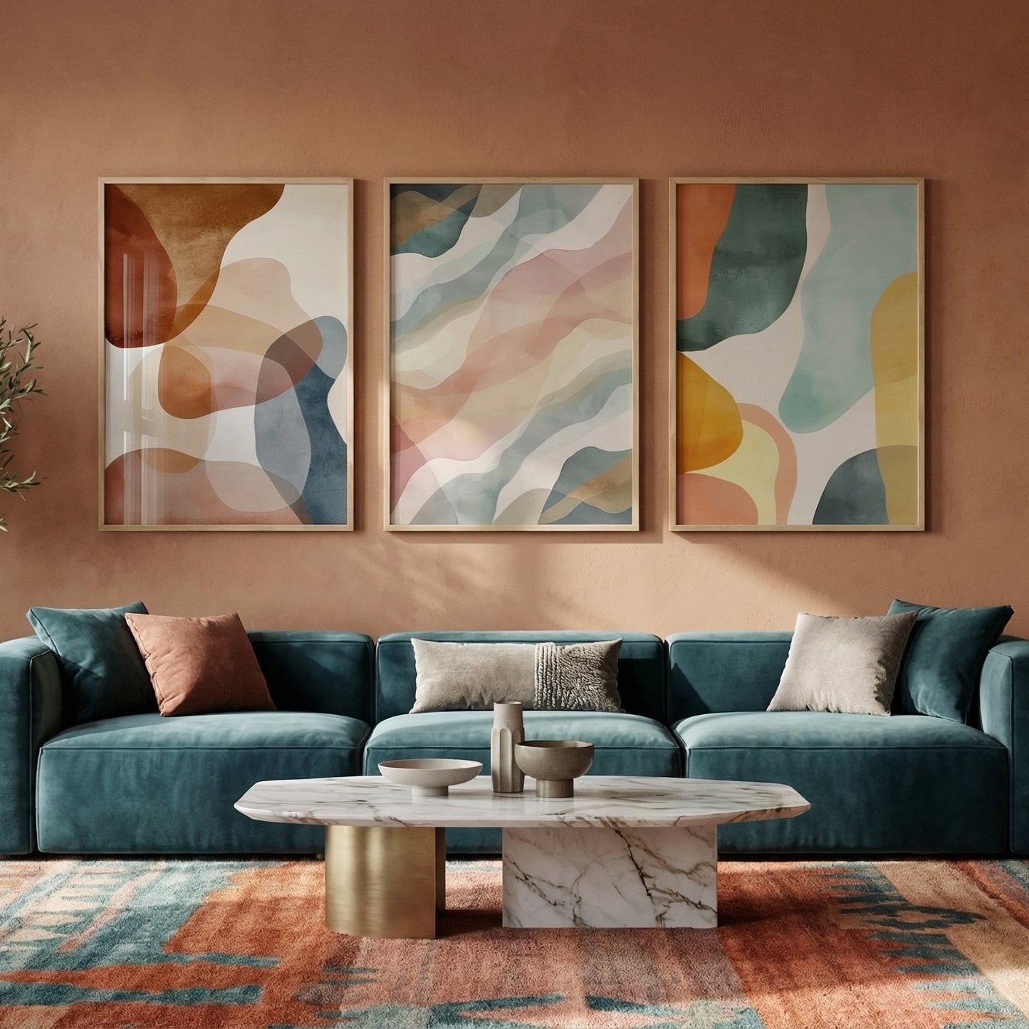 Modern living room with a teal sofa, abstract art, and decorative elements.