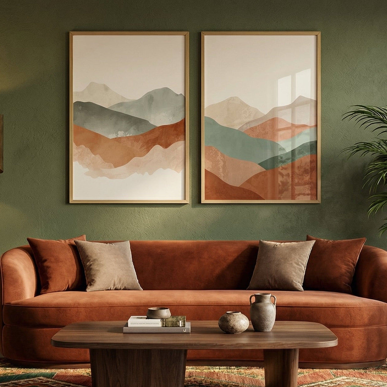 Modern living room with a brown sofa, coffee table, and decorative wall art.