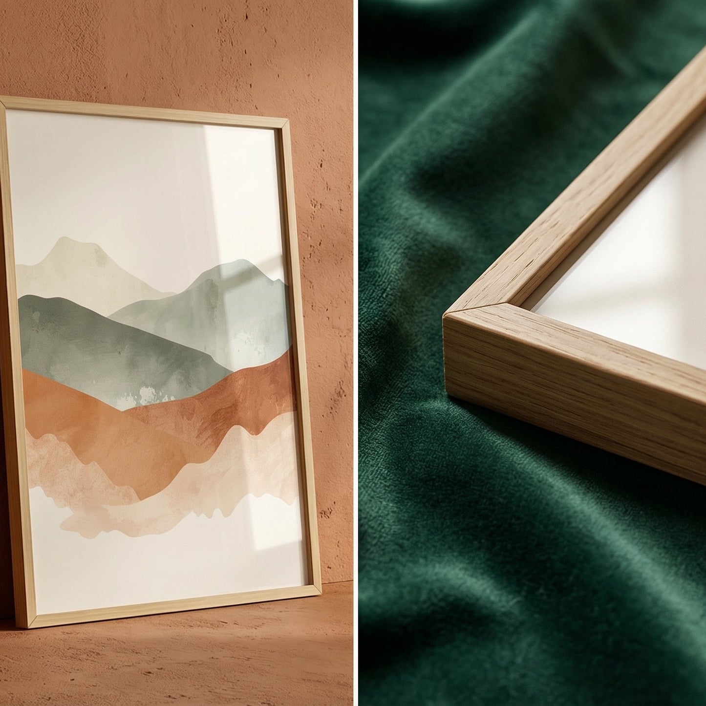 Framed abstract landscape art on a wooden surface with a green fabric background.