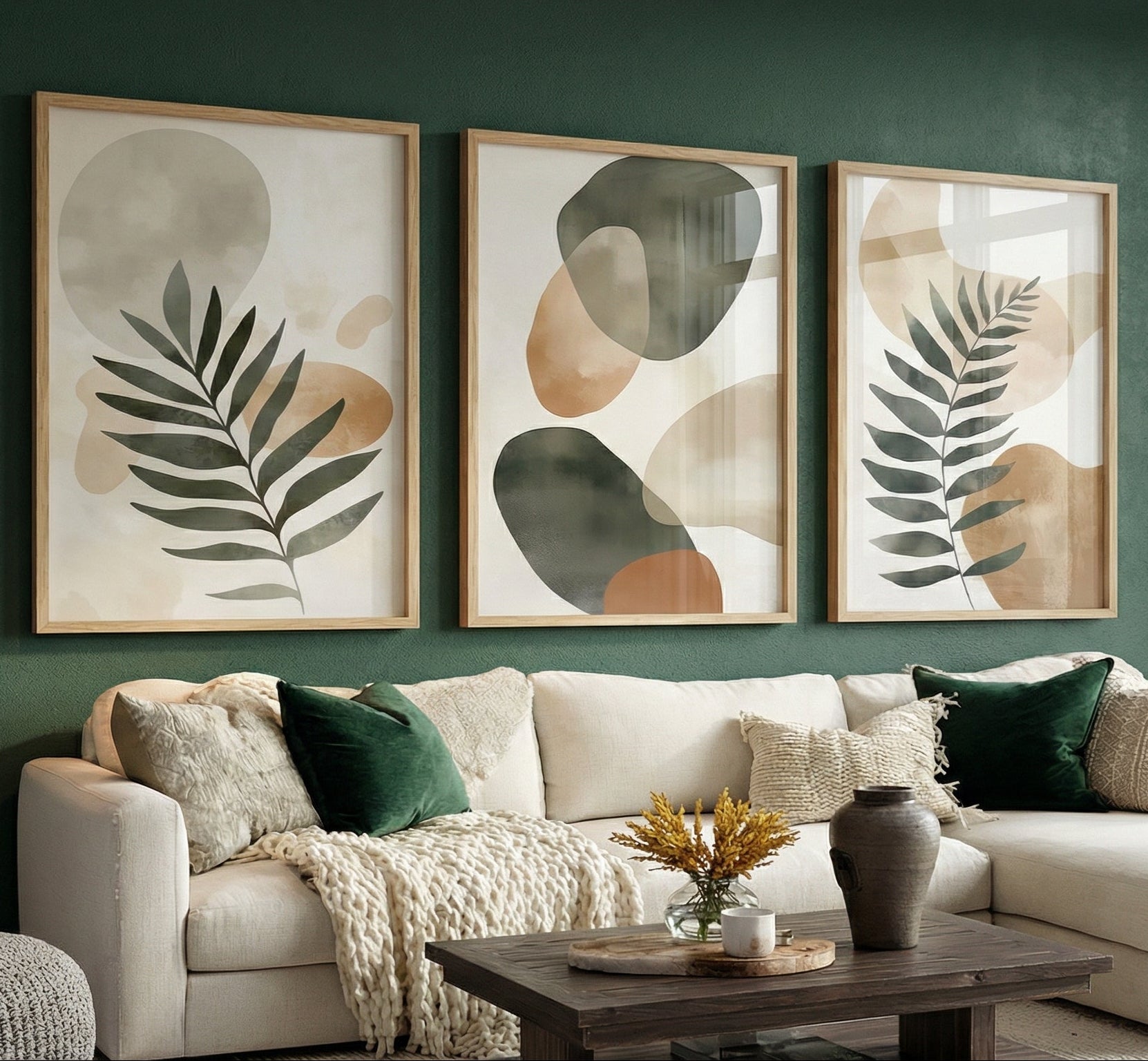 Living room with a beige sectional sofa, decorative pillows, and framed abstract art on a green wall.